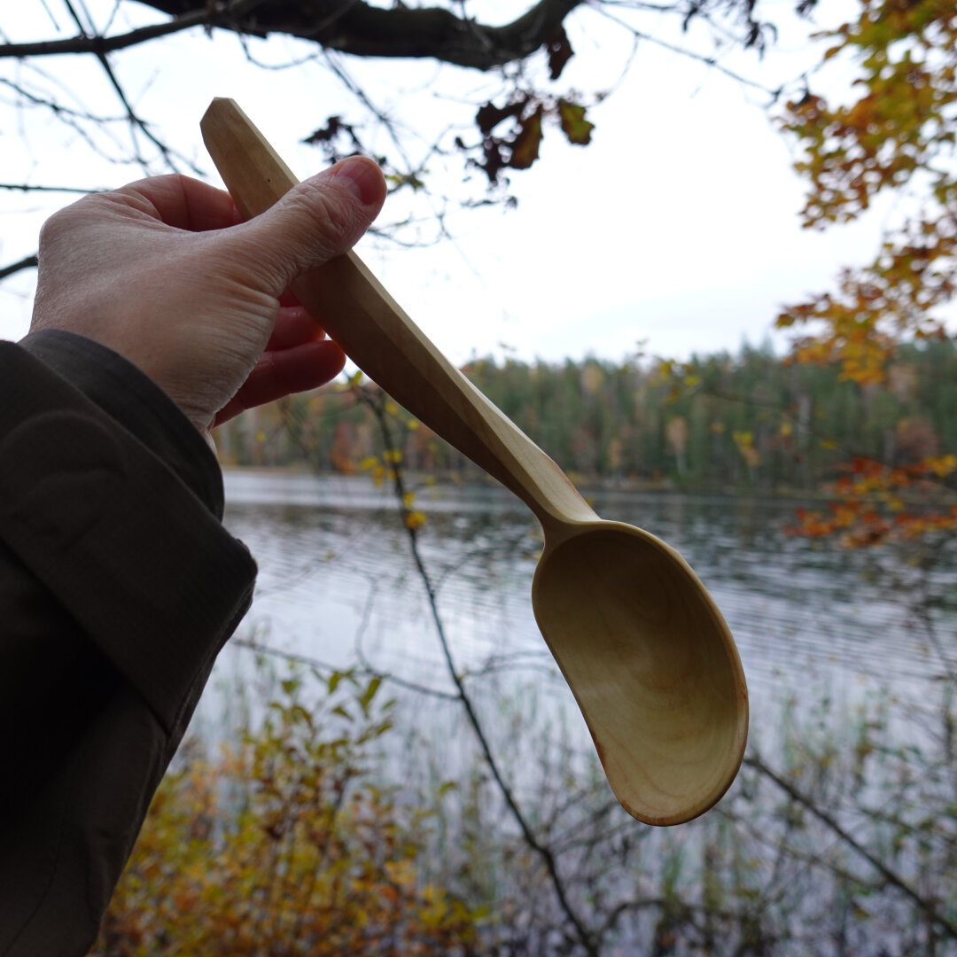 Wooden spoon at an angle with nature background