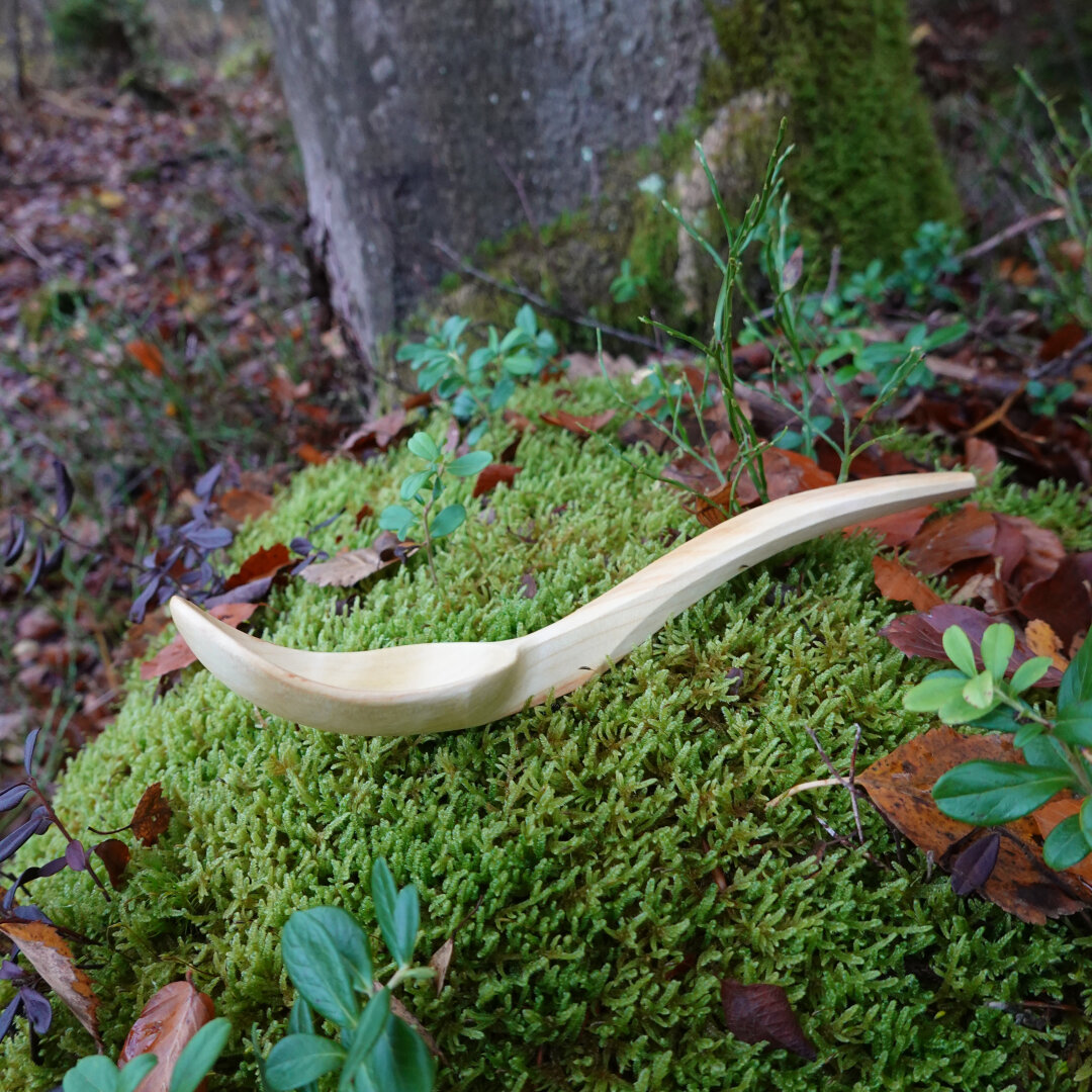 Curvy silhouette of wooden spoon laying on moss