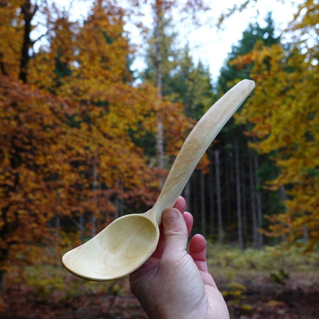 Wooden spoon held with autumn leafs in background