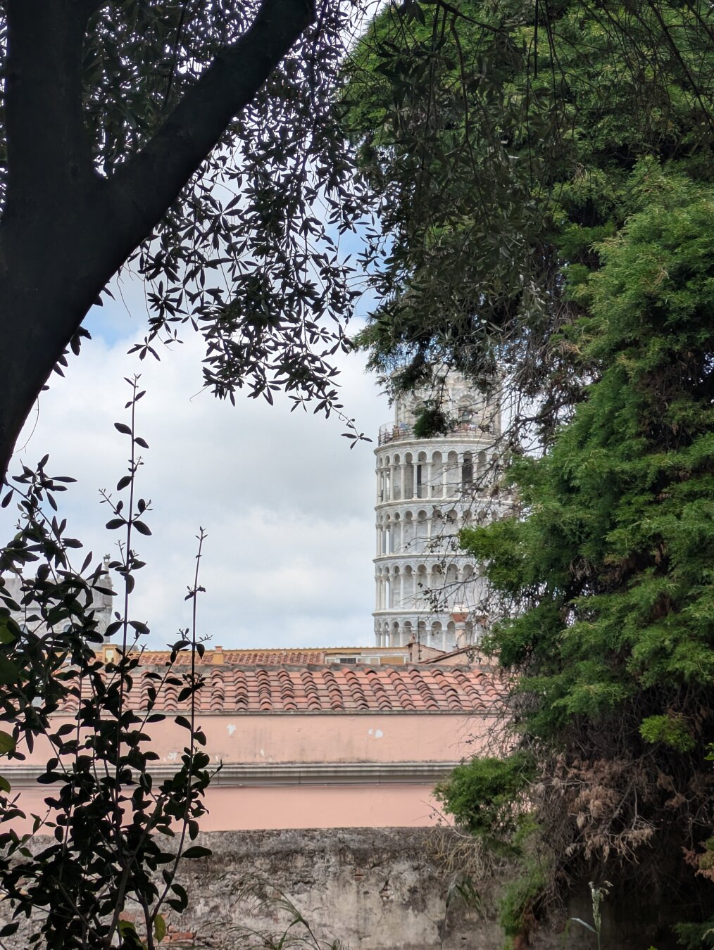 The white tower some distance away framed by closer trees