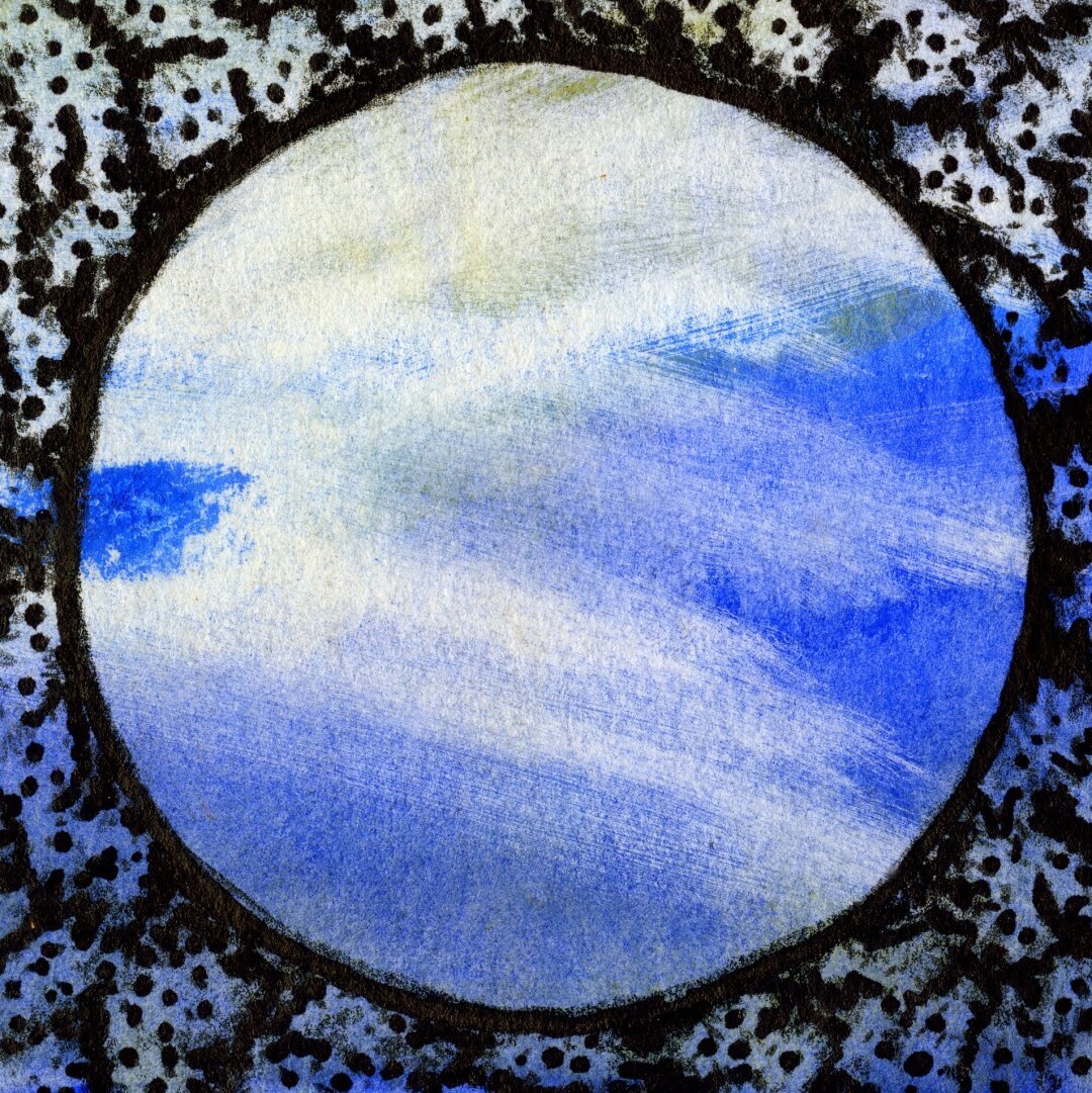 A circle with blue and white watercolour backbround, with a black pen and ink border of organic, mycelium-like edges.