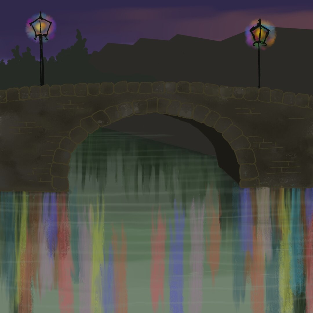 A digital illustration of an old stone bridge over a river in a city at night. There are two lamposts on the bridge emitting a multicoloured glow. There are multicoloured reflections in the water, although they are much more widespread than the reflections from the lamps should be, suggesting that something metaphorical or supernatural might be afoot...