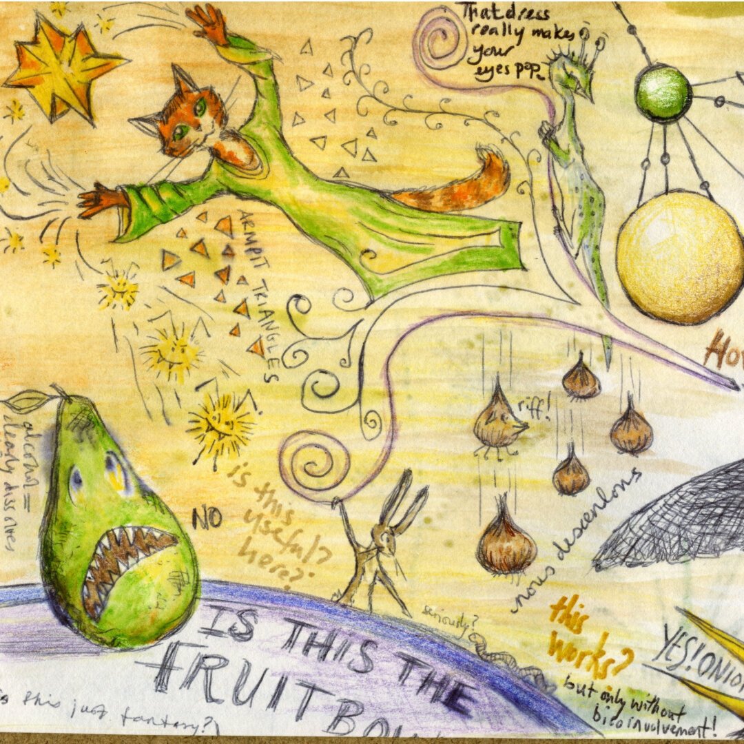 A two-page spread of doodles in which various characteres interact in adsurd ways, combined with notes about how well the various media used are working out, and other bits of text related to the drawings. There is a large pear with sharp teeth looking frightened below an anthropomorphic cat wearing a green dress waving her arms majestically; onions are falling from the sky; a fox on a flying leaf is trying to burst some coloured spheres using a hedgehog; another fox is curled up on another flying leaf. That general kind of thing.