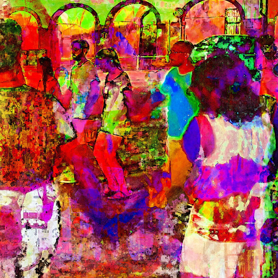 A digitally enhanced image with vibrant colors depicting a group of people standing in an outdoor setting. The background features arched structures and greenery.

Padova urban street photography color separated to CMYK, layered over edited with the GNU Image Manipulation Program.

CC BY NC SA 4.0