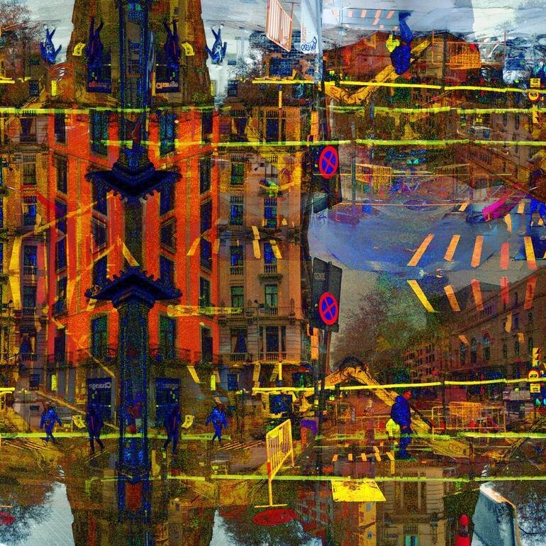 Barcelona digital edited layered/mirrored triple exposure raw street photography, made with the GNU Image Manipulation Program and Gwenview.