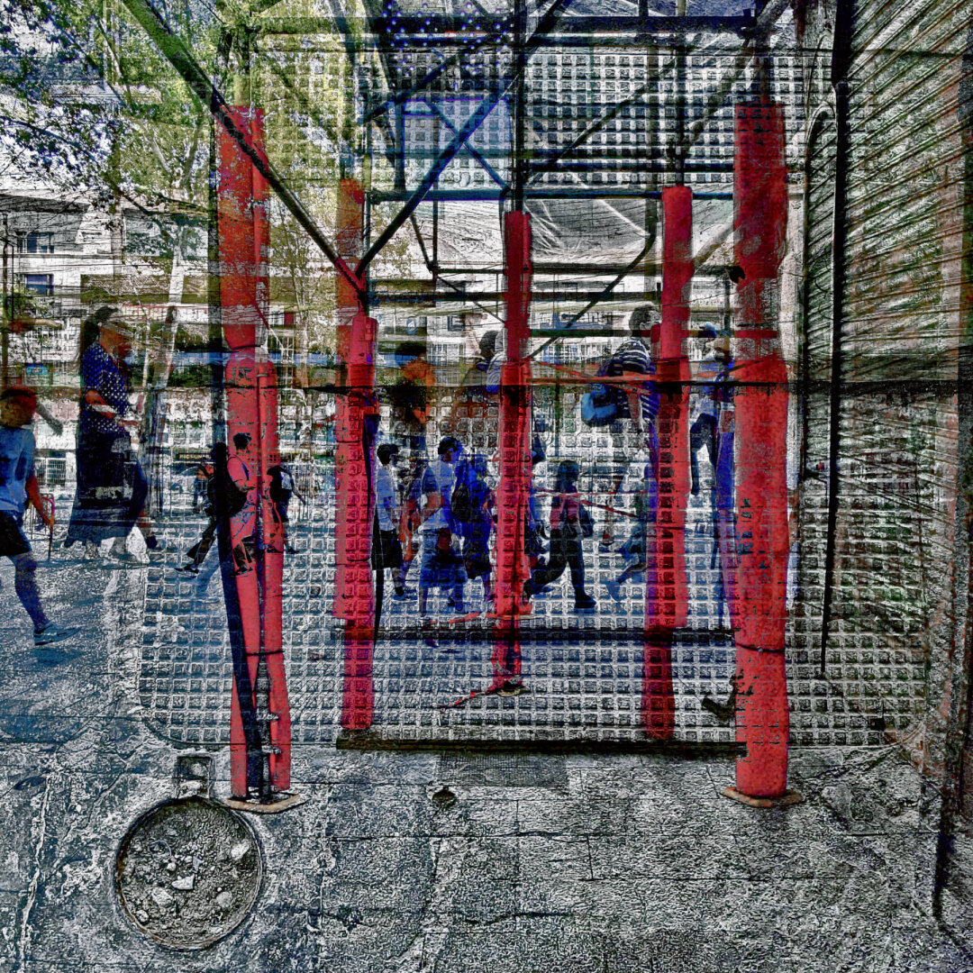 A busy urban scene featuring a construction structure with red poles and abstract textures. People walk through the area, creating a dynamic, layered effect.

Barcelona multiple exposure urban street photography edited with the GNU Image Manipulation Program.

CC BY NC SA 4.0