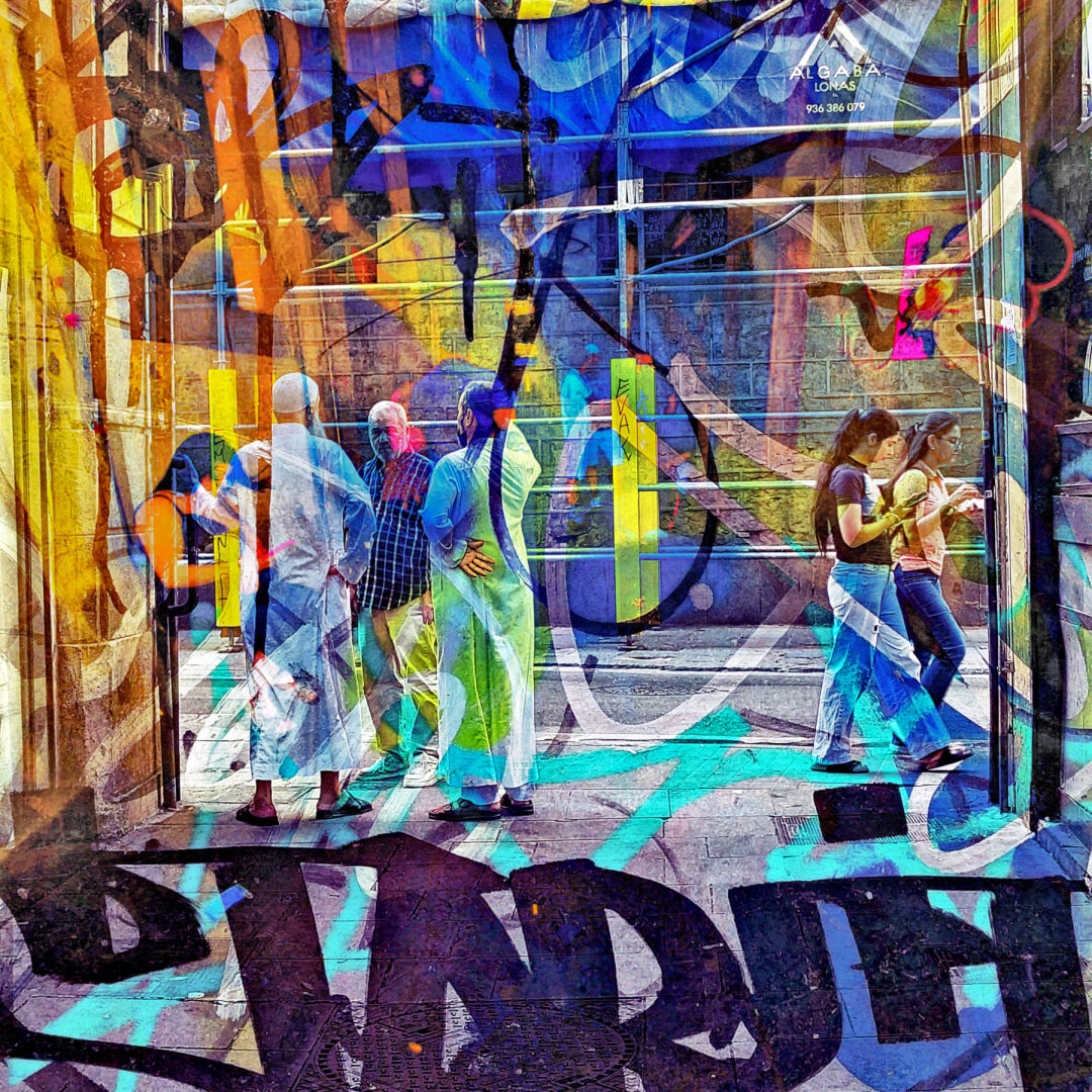 An urban scene featuring people conversing and two women on their phones, surrounded by colorful graffiti and street art.

Barcelona multiple exposure urban street photography edited with the GNU Image Manipulation Program.

CC BY NC SA 4.0