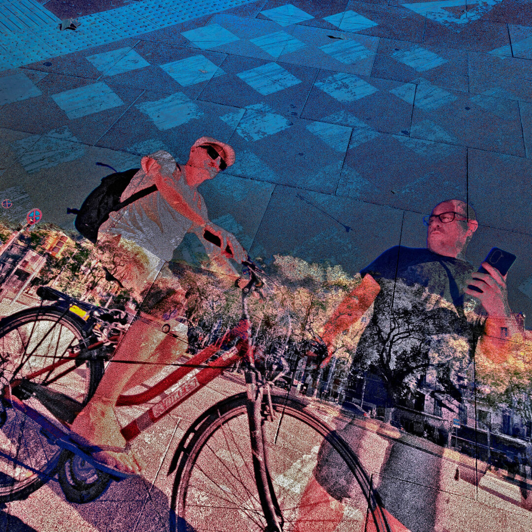 Two people are outdoors, one on a bicycle and the other standing nearby, with a colorful, artistic overlay and geometric patterns in the background.

Barcelona multiple exposure urban street photography edited with the GNU Image Manipulation Program.

CC BY NC SA 4.0