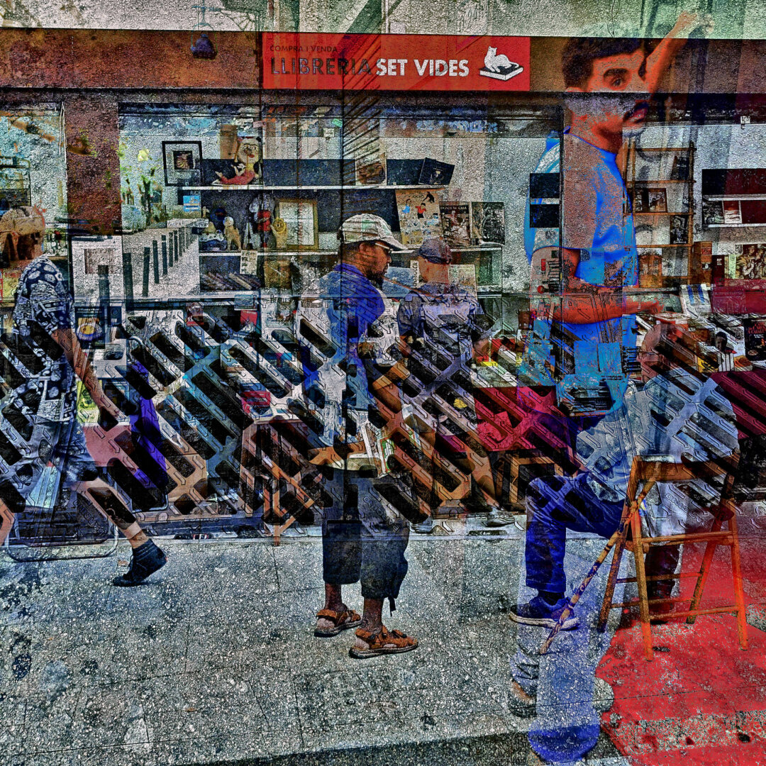 A busy street scene with individuals walking, various shops visible, and an overlaid texture giving an artistic effect.

Barcelona multiple exposure urban street photography edited with the GNU Image Manipulation Program.

CC BY NC SA 4.0