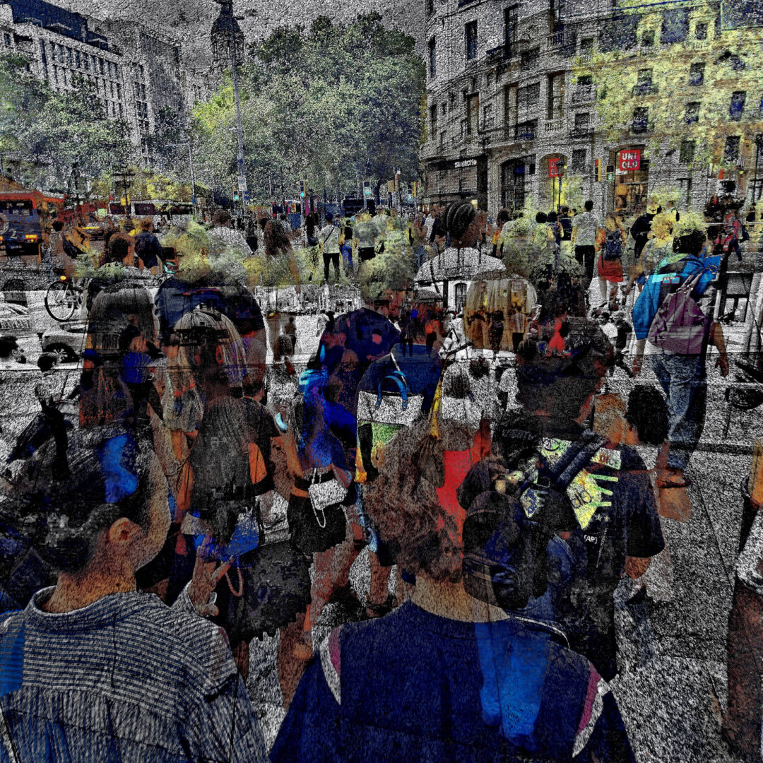 A crowded street scene featuring many people walking, with buildings and trees in the background, highly textured and stylized.

Barcelona multiple exposure urban street photography edited with the GNU Image Manipulation Program.

CC BY NC SA 4.0