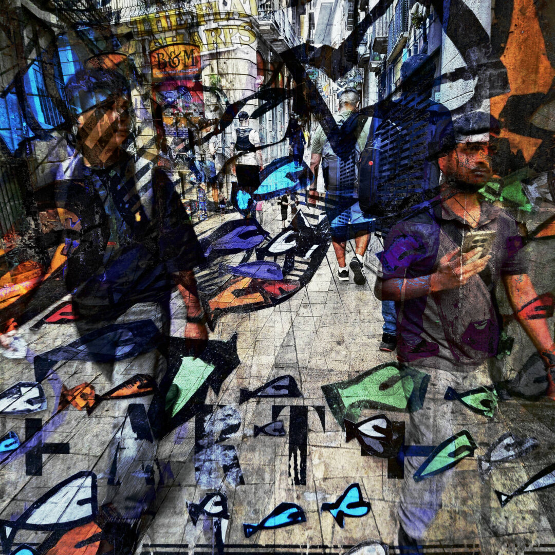 A busy street scene featuring people walking, overlaid with colorful fish illustrations and abstract patterns.

Barcelona multiple exposure urban street photography edited with the GNU Image Manipulation Program.

CC BY NC SA 4.0