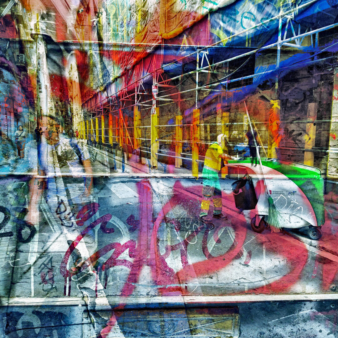 A vibrant urban scene featuring a street with scaffolding, colorful graffiti, and a worker in a yellow vest sweeping near a waste container.

 CC BY NC SA 4.0