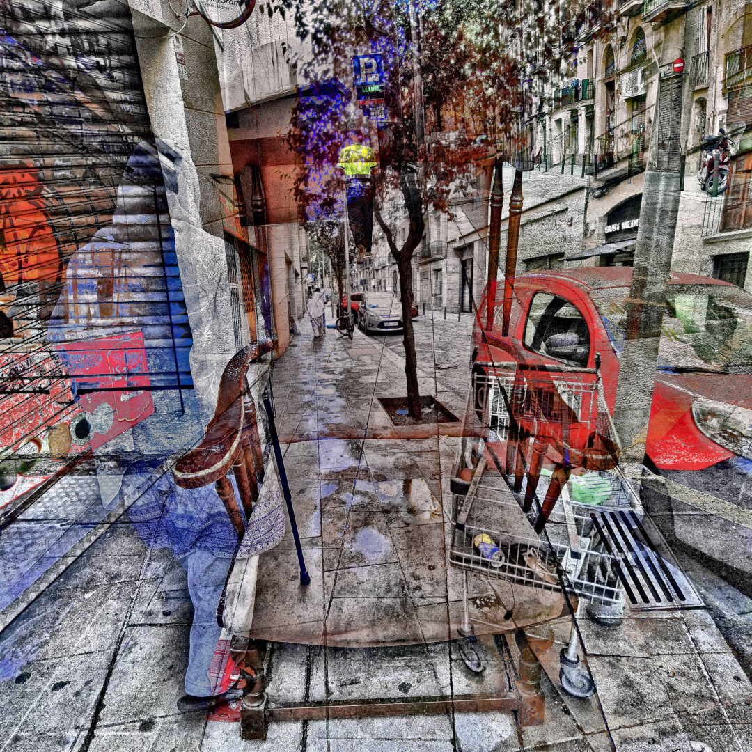 A digitally manipulated street scene featuring a tree, parked cars, and outlines of people amidst colorful graffiti.

 CC BY NC SA 4.0