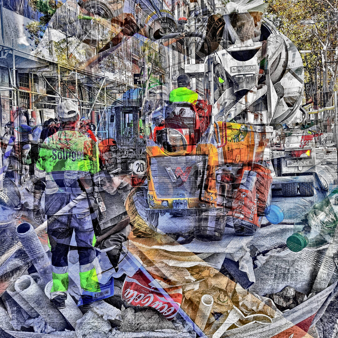 Construction scene with workers in safety gear, heavy machinery, and construction materials scattered on the ground.

 CC BY NC SA 4.0