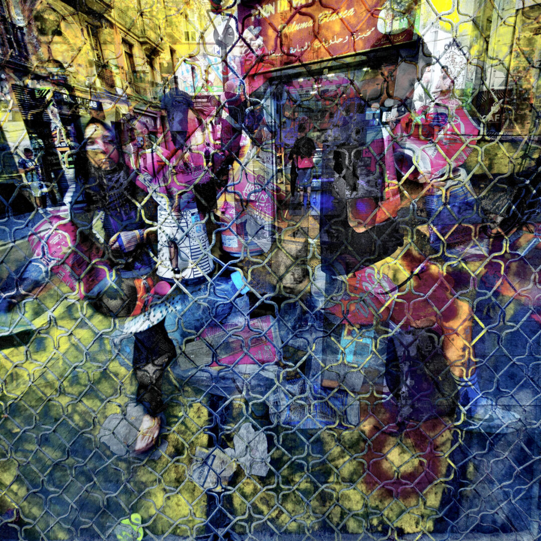 An urban scene featuring people behind a chain-link fence packed with assorted detritus, with colorful street art and shop signs in the background.

Barcelona multiple exposure urban street photography edited with the GNU Image Manipulation Program.

CC BY NC SA 4.0