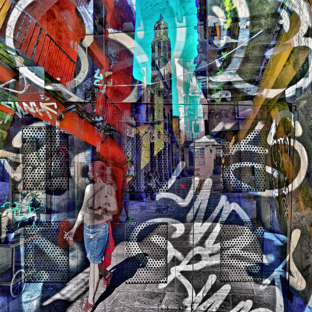A vibrant urban scene featuring a woman walking through a street adorned with colorful graffiti and a historic tower in the background.

Barcelona multiple exposure urban street photography edited with the GNU Image Manipulation Program.

CC BY NC SA 4.0