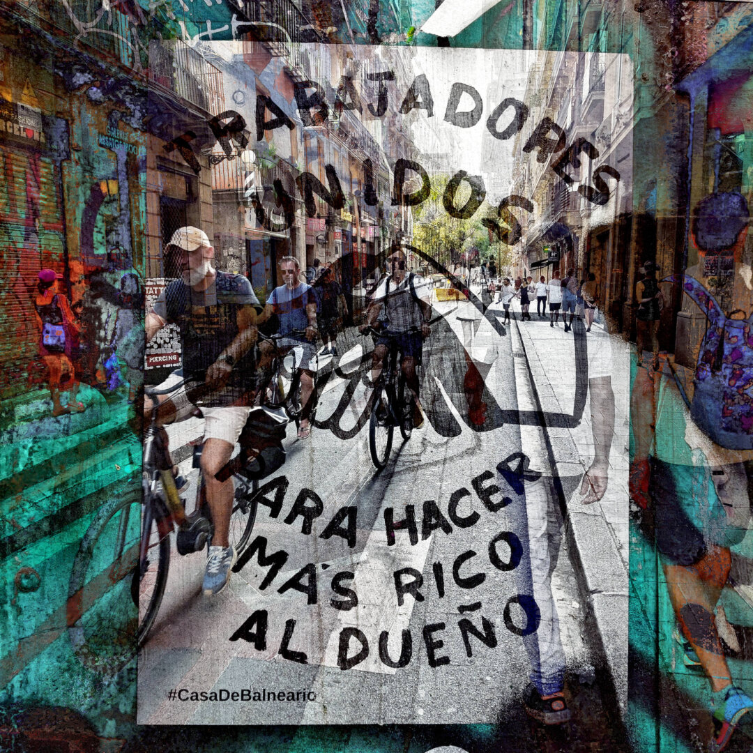A busy street scene featuring people walking and biking, overlaid with a sign that reads "TRABAJADORES UNIDOS PARA HACER MÁS RICO AL DUEÑO." The image includes colorful urban art and graffit

Barcelona multiple exposure urban street photography edited with the GNU Image Manipulation Program.

CC BY NC SA 4.0