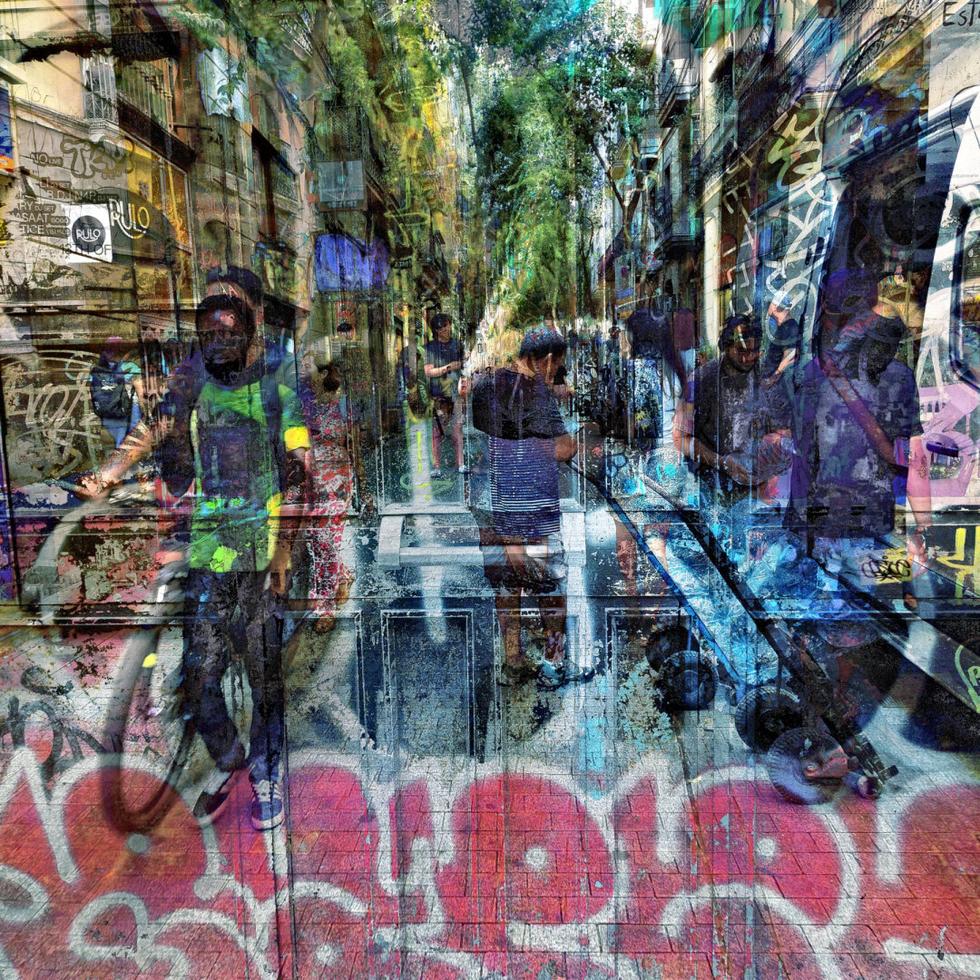 A scene featuring multiple figures interacting on a street filled with graffiti and greenery. The image has a layered effect, blending the environment and people.

Barcelona multiple exposure urban street photography edited with the GNU Image Manipulation Program.

CC BY NC SA 4.0