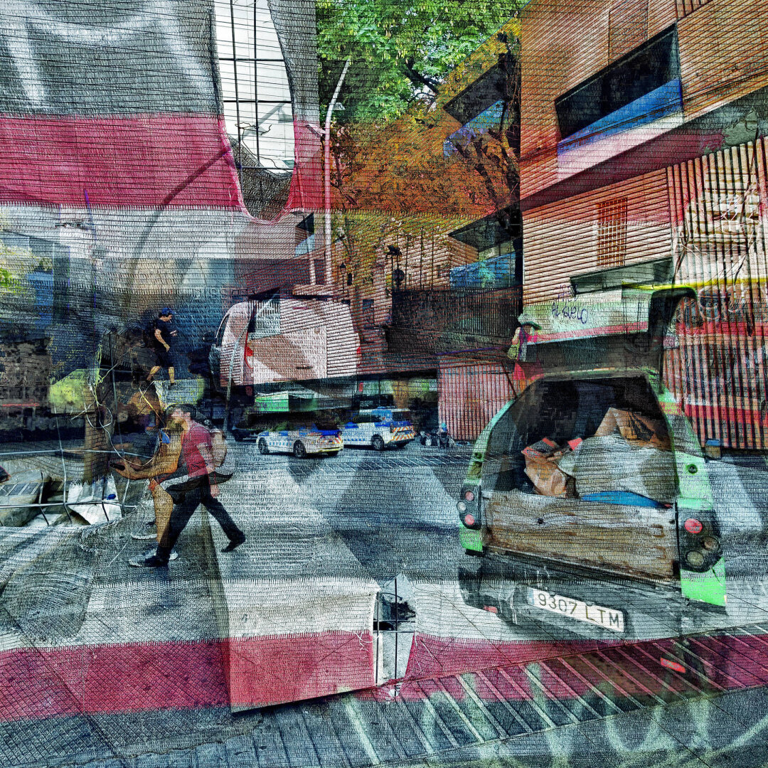 A busy urban street scene with people walking, a vehicle parked with its trunk open, and colorful building facades.

CC BY NC SA 4.0
