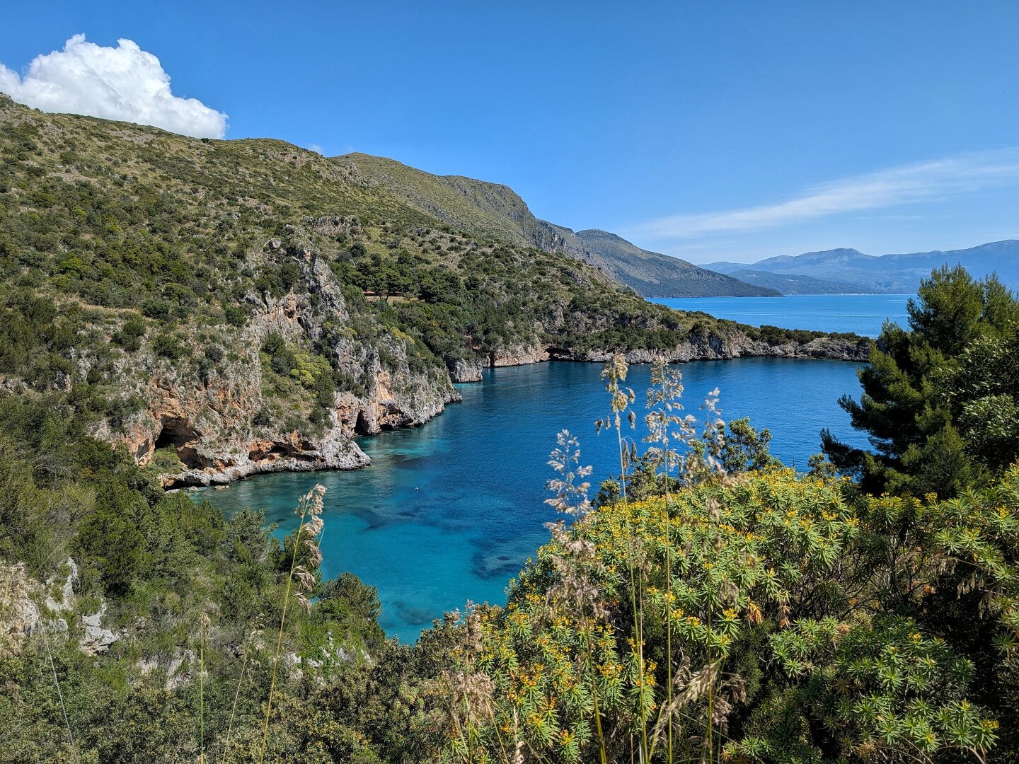 Infreschi Bay, enclosed by lush vegetation and cliffs.