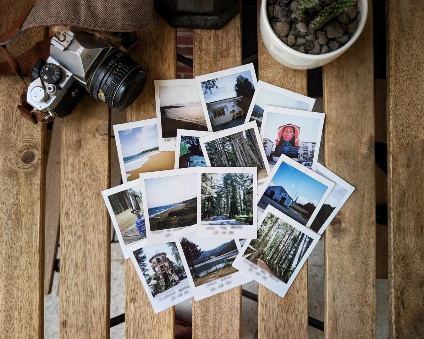 Some instax photos on a wooden table, near a Pentax MX and a small cactus in a white pot.