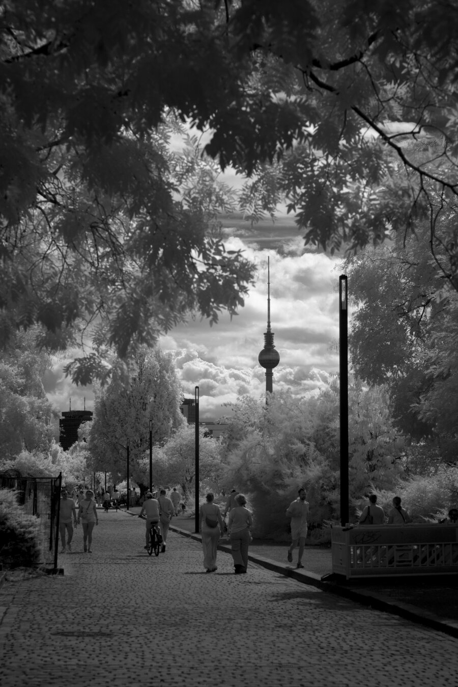 Black and white, infrared photography. The Berlin TV tower in the distance, people are strolling along a cobbled road in Mauerpark. The tower is surrounded by white clouds. The photo background is framed by leaves of surrounding trees.