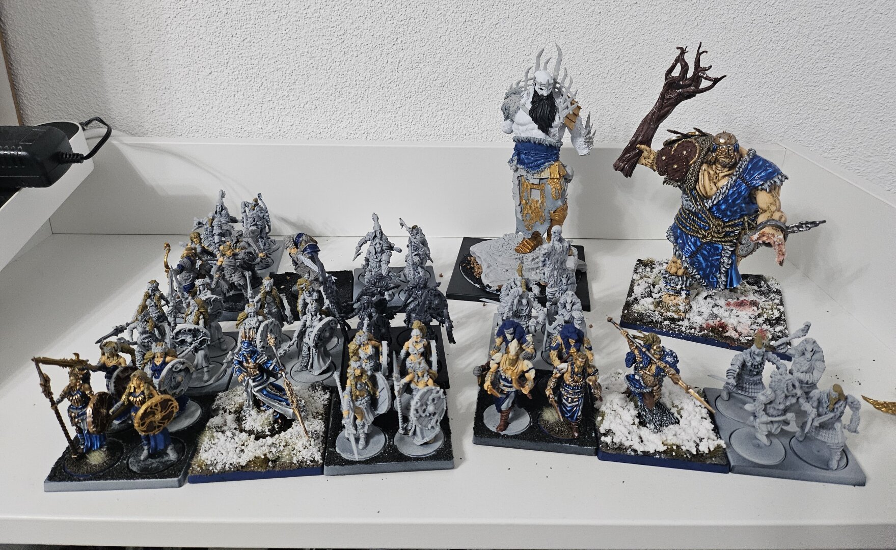 Conquest Nords army containing Volva, 5 stands of valkyries, 3 stands of bow chosen with konungyr, an ice jotnar, a mountain jotnar, 3 stands of ulfhednar and one jarl. 
Army is not fully painted.