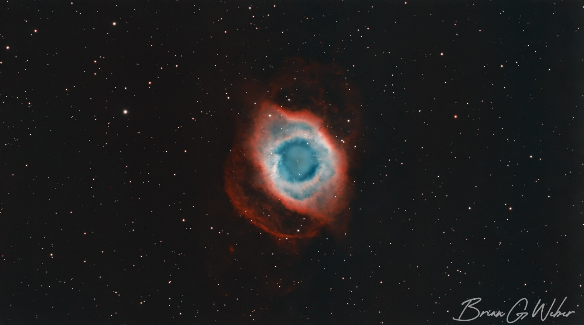 Helix Nebula is planetary nebula located roughly 200 light years from Earth. This image was captured using a monochrome camera and narrowband filters.