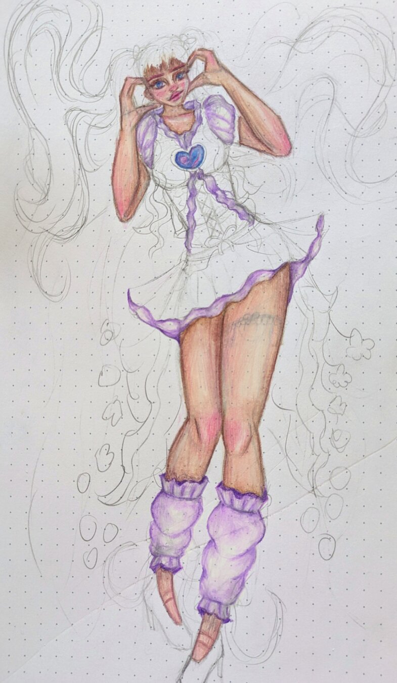 A drawing of a magical girl! I know her heads too small but I think she's still really cute! Shes gonna havbe pink hair, pink shoes, and maybe a pink dress if I feel like it