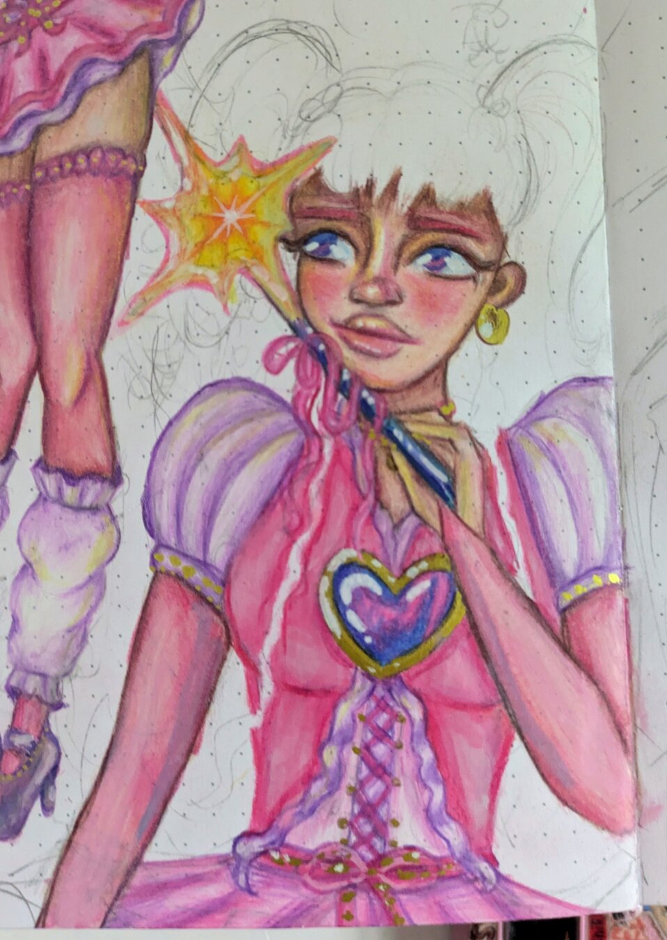 The almost done portrait drawing of my new character Wisteria! I still need to color in her pink hair, but I added a wand and the tiniest bit of yellow lighting. I don't know if I like this as much as her full body drawing but she's still SO cute!