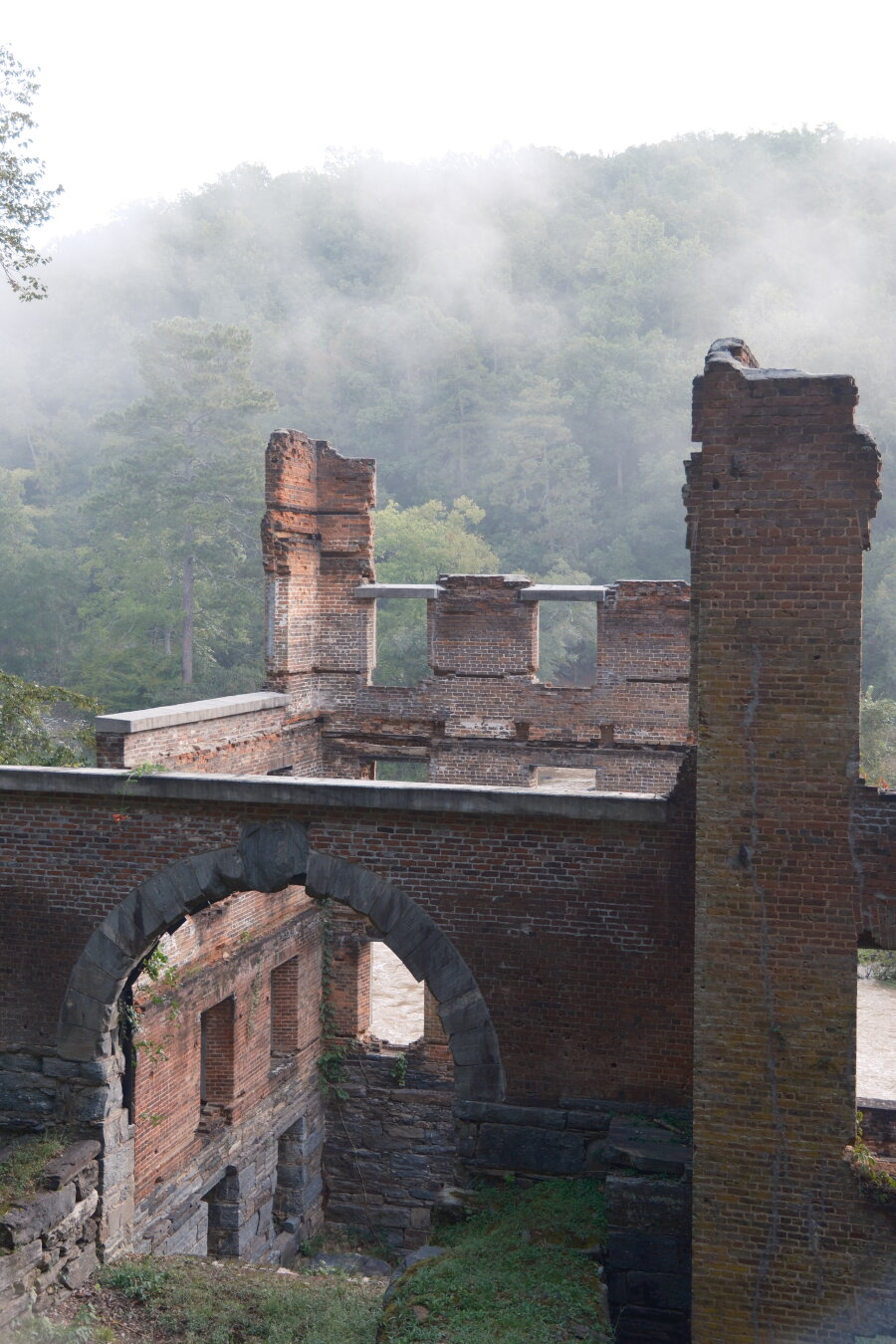 A foggy view of Civil War era cotton mill ruins