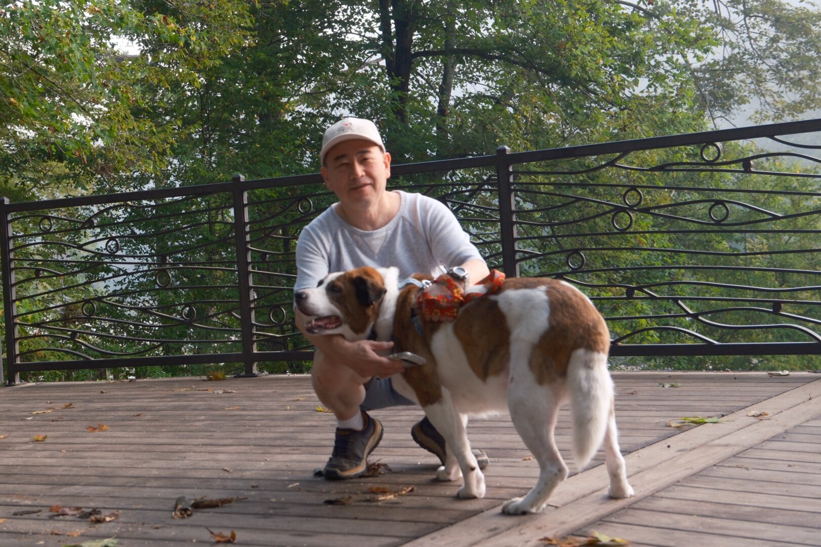 A man in a white cap squatting with his white and brown dog on an observation deck in a park
