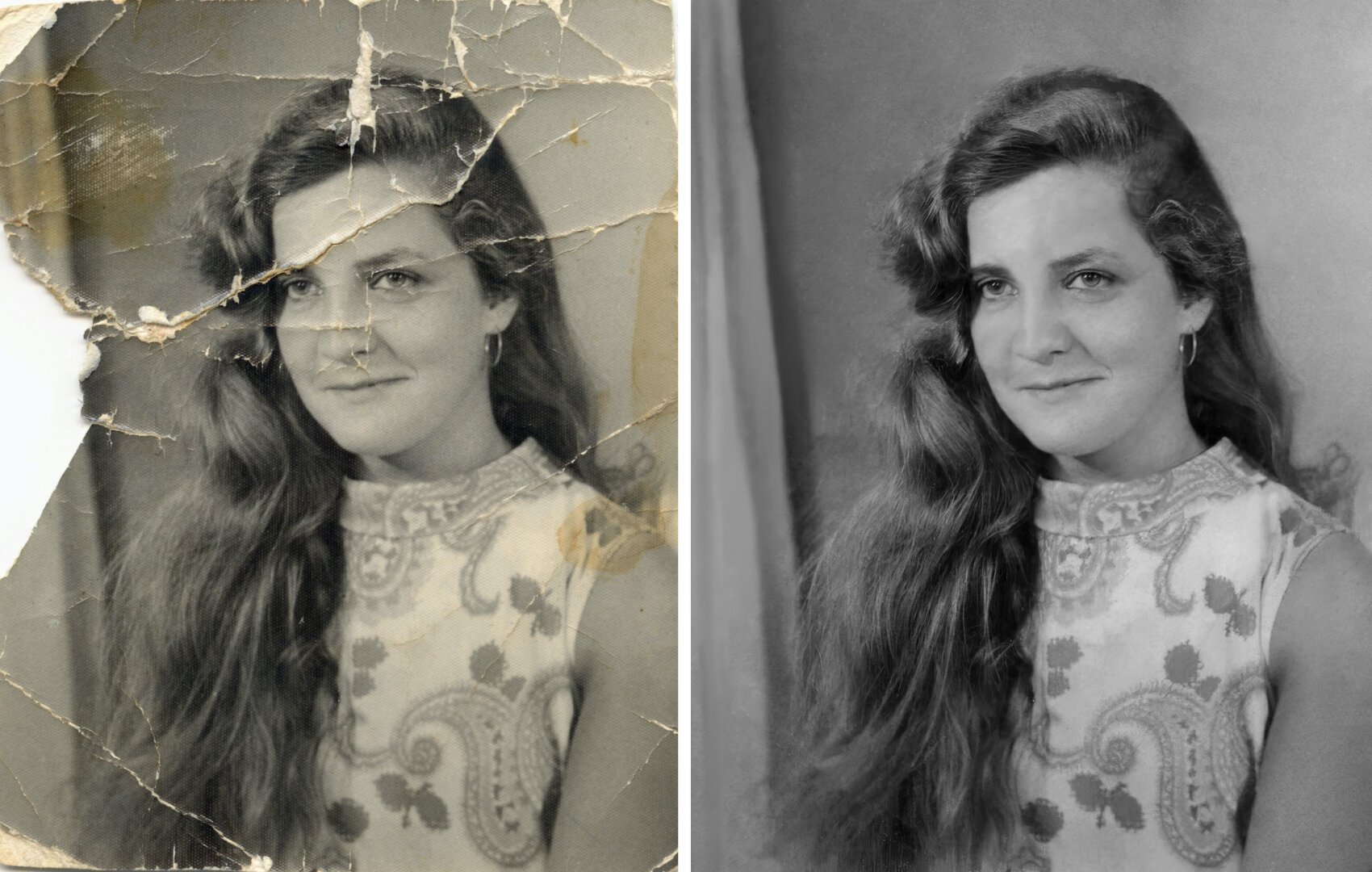 Repair damaged woman old photo.