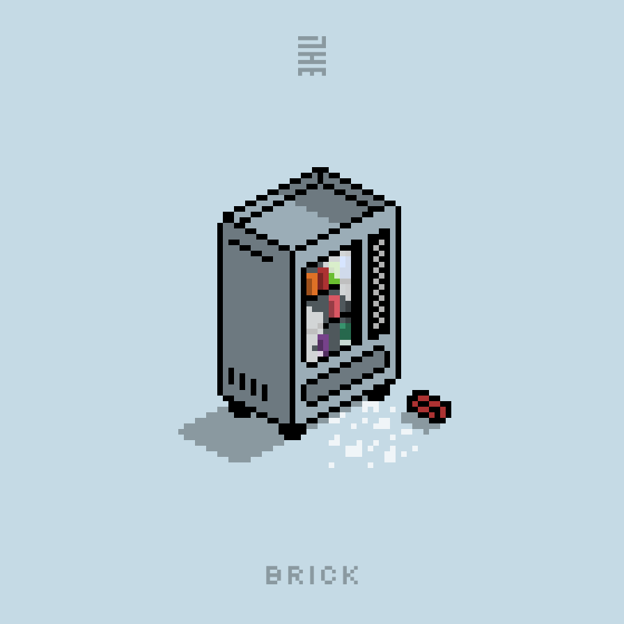 A pixel art vending machine with the glass broken and scattered on the ground. A brick sits on the ground near the machine.