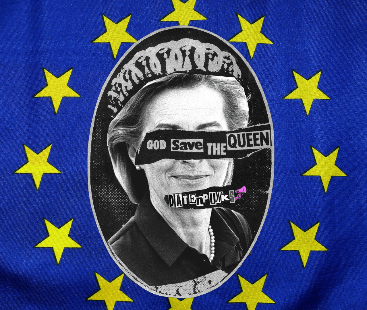 Ursula von der Leyen/Queen Elisabeth Mashup in Front oft the European flag.