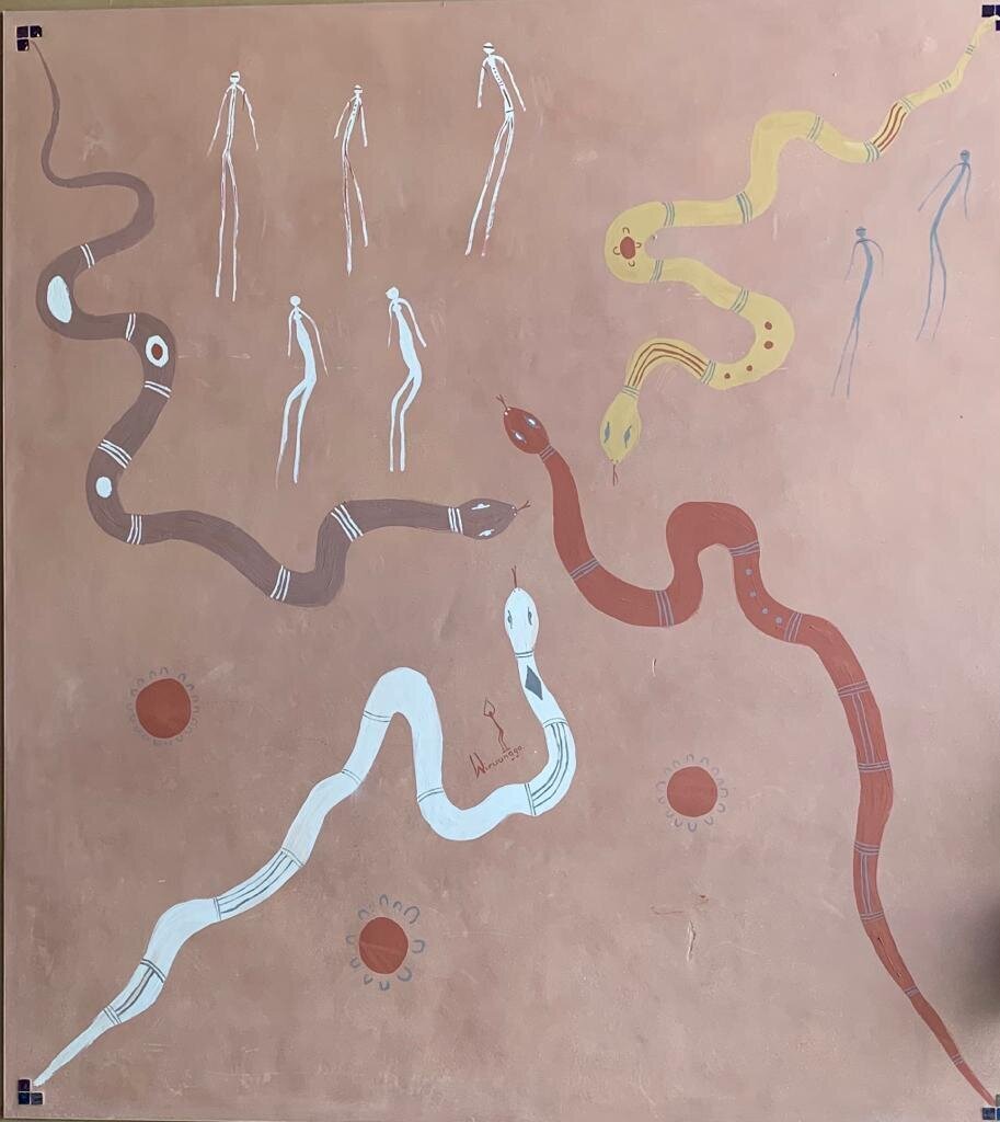 Aboriginal Painting from friend of Grandmother Catherina, Snakes on Redenned Earth Background