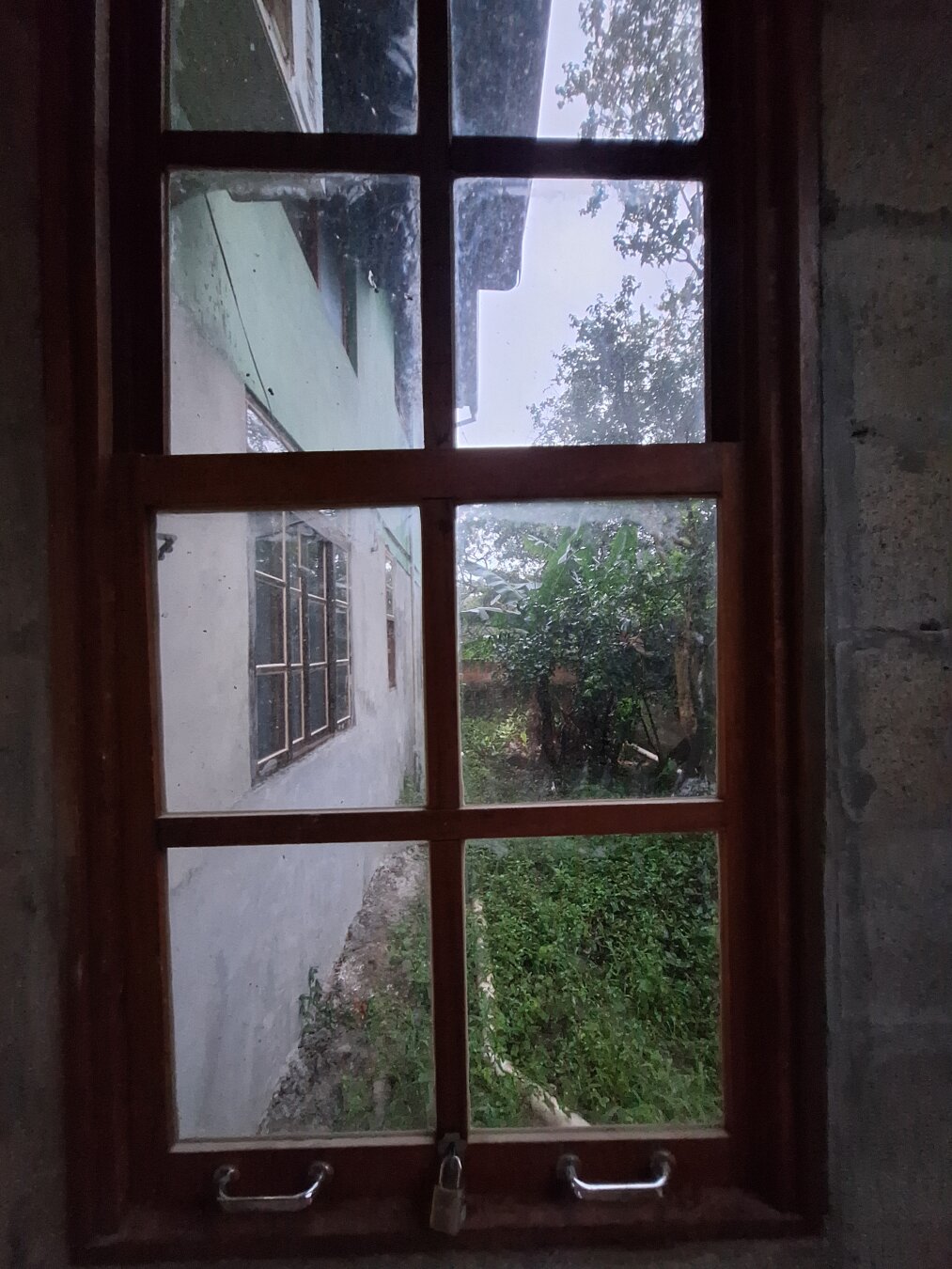 Window frame seen from inside, looking out at the side of a house with light-colored walls and a green upper section. Outside there is dense vegetation and trees, all under overcast rainy weather.