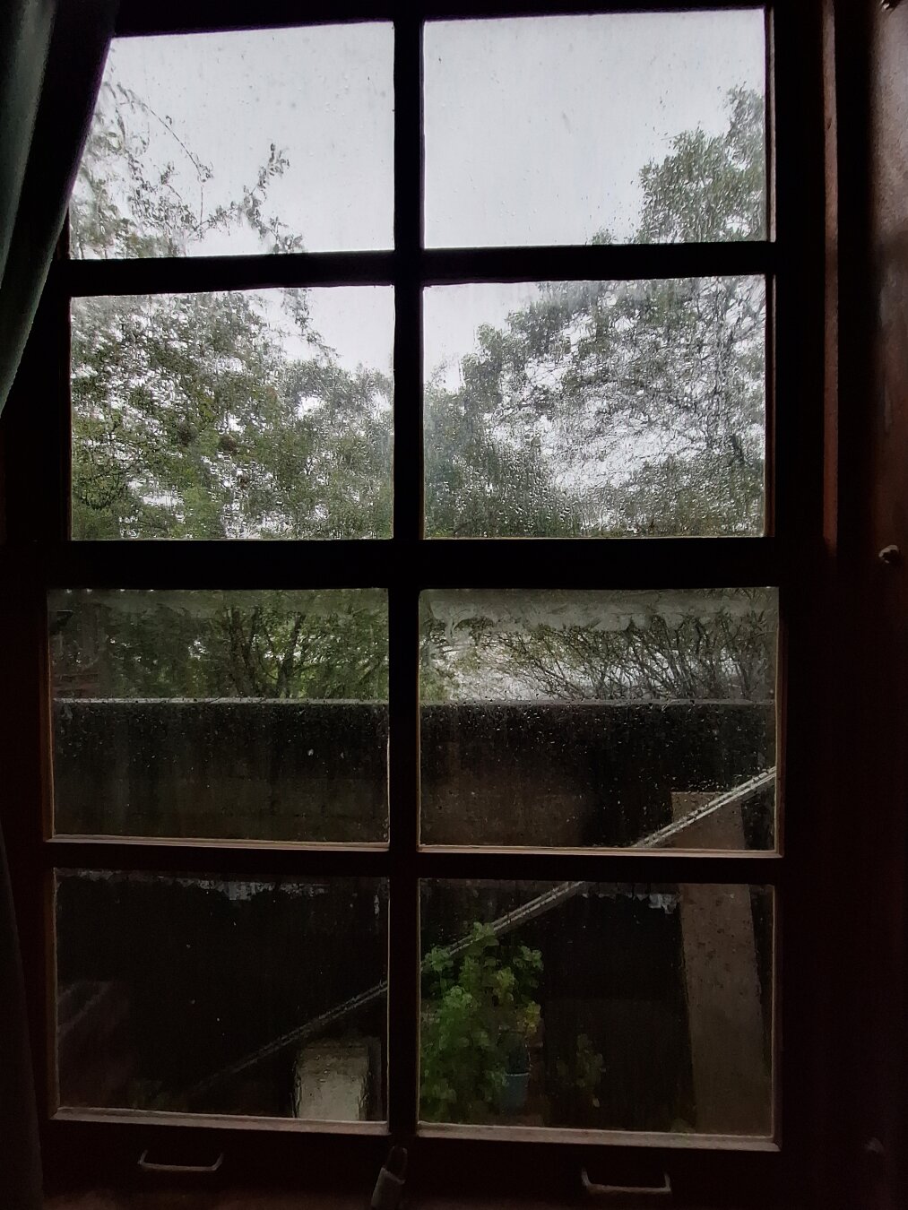 Window seen from indoors on a rainy day, with multiple glass panes covered in water droplets. Outside, blurred green trees and a gray sky indicate heavy rain. The lower part shows a concrete wall and a small garden area.