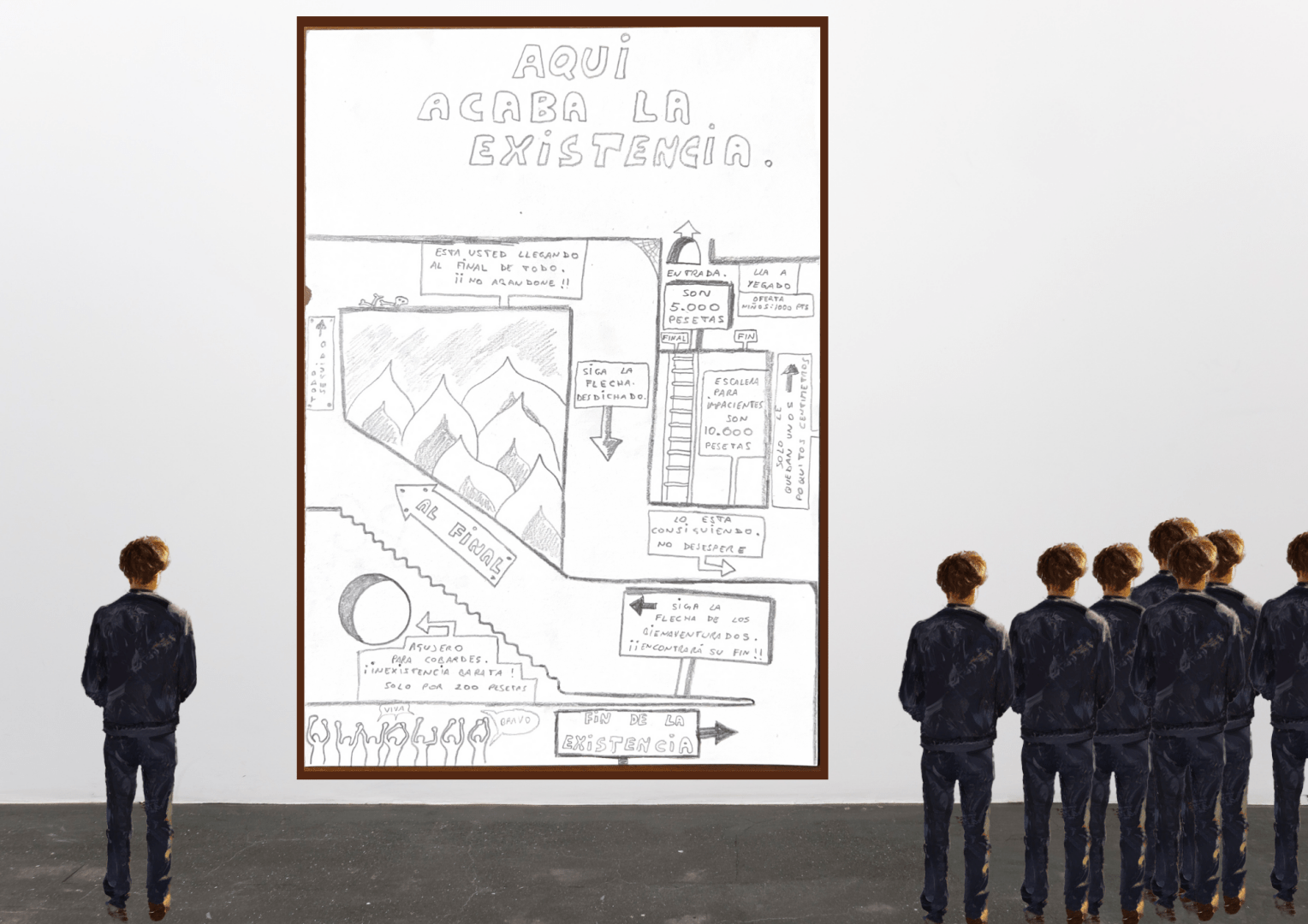 beginning, for cowards: "Cheap nonexistence," the sign reads, and it's only 200 pesetas. At the end, a staircase for the impatient for the modest price of 10,000 pesetas. And finally, admission for 5,000 pesetas with a special discount: 1,000 pesetas for children. But the path isn't easy. Almost at the very end, you see a skull and bones. Other threats, such as fire, can be seen. And a curious detail: the sign announcing that (in bad spanish) "Lla a yegado"