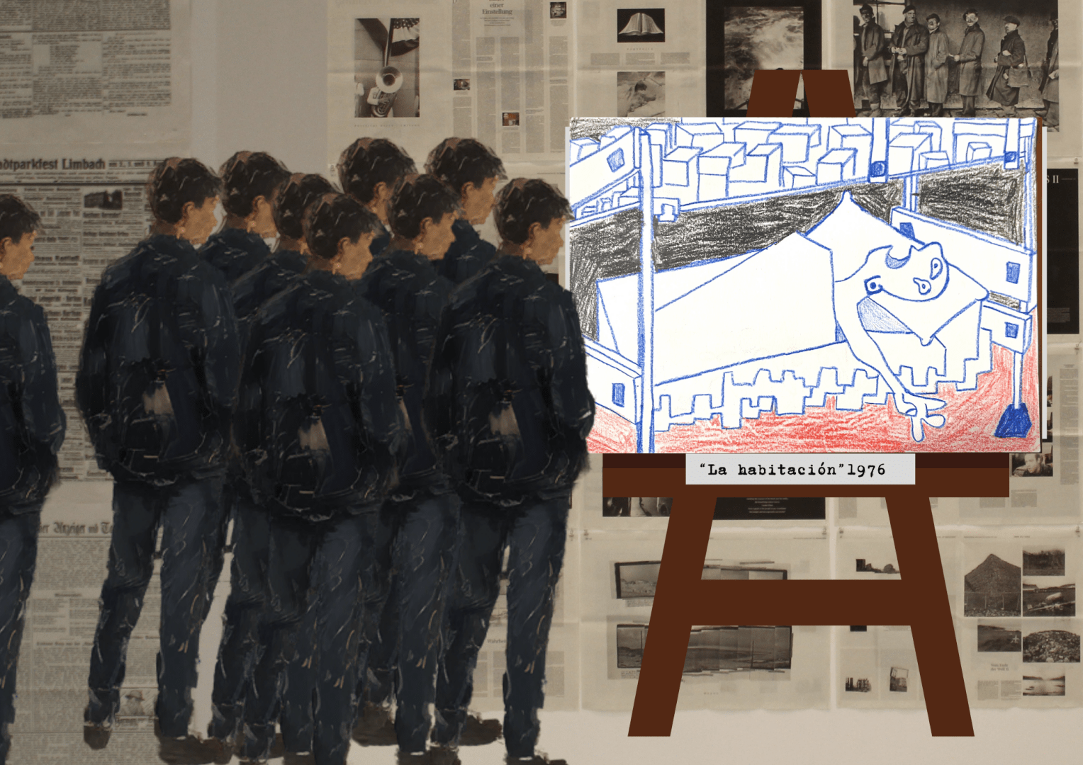 Un grupo de la misma persona observando en un museo la obra titulada "La habitación". El dibujo fue realizado por Antonio Cambronero en 1976 bajo clara influencia cubista. La litera es (literalmente) la cama donde dormía en una fría habitación de un barrio de Madrid de finales de la década de los 70.