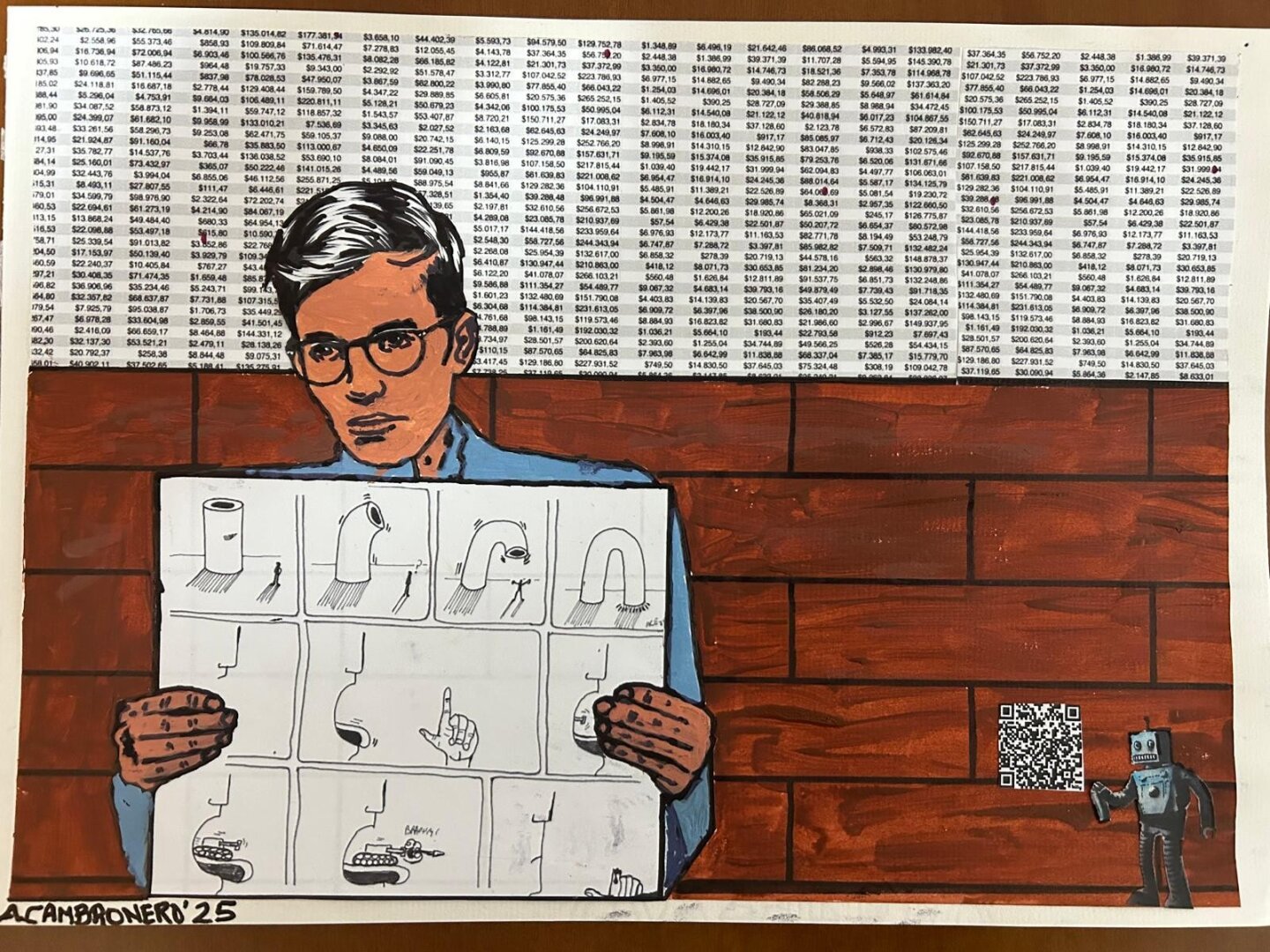 Work #16 (32x23 cm), entitled “Flashback”, is the fourth in a series of collages and digital pieces, inspired by Saul Steinberg. The boy, holding a canvas with a comic book, could be me back in 1980. The comic is mine from that year (see signature “ACE’80” in the fourth vignette). On the wall, in the lower right corner, you can see Banksy’s robot spraying a QR code. The QR code is real and leads to bit.ly/galeria-pixel-pincel, the Blogpocket.com page where you can see this and all the creations of the “From Pixel to Brush” project.

The boy’s drawing, obtained through AI, was cut out on paper by printer; acrylic paint and marker on it, a spreadsheet obtained from Canva.com printed on paper, a wall with marker and acrylic, a cut out of the QR and the robot (from a photograph taken at the Banksy museum in Madrid) transferred to printer paper. Completed on January 20, 2025.