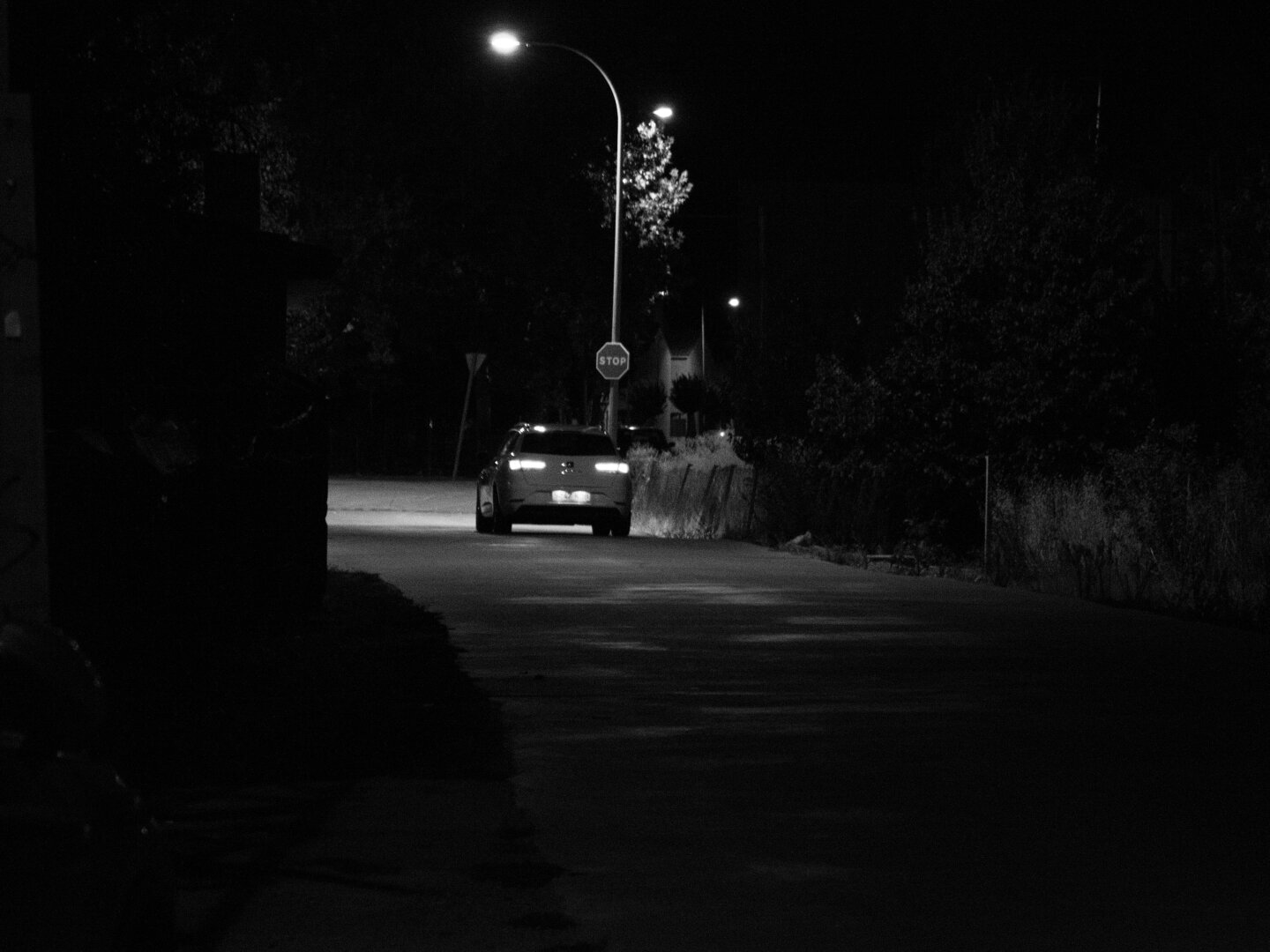 Black-and-white night scene of a quiet residential street. A single car is parked beneath a row of streetlights near a STOP sign, surrounded by deep shadows and trees.