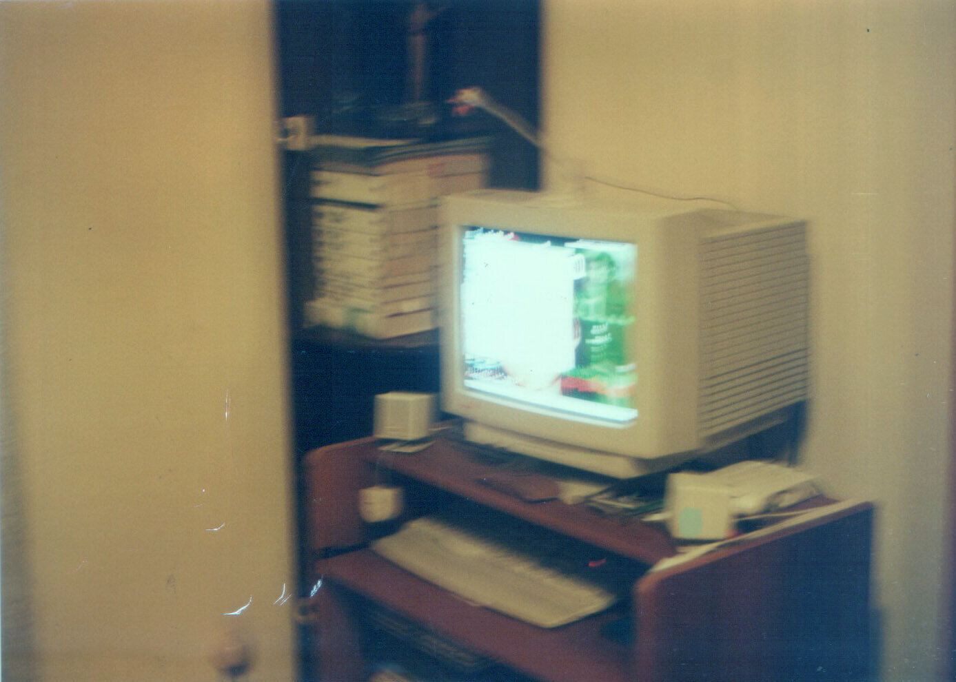 PC di una volta, beige, posato su una scrivania apposita. La foto è mossa, ma si distinguono, più o meno bene, il monitor CRT, un paio di casse audio, il modem analogico, la spina del telefono e la tastiera. In un angolo, un sottile mobile verticale con dei libri.