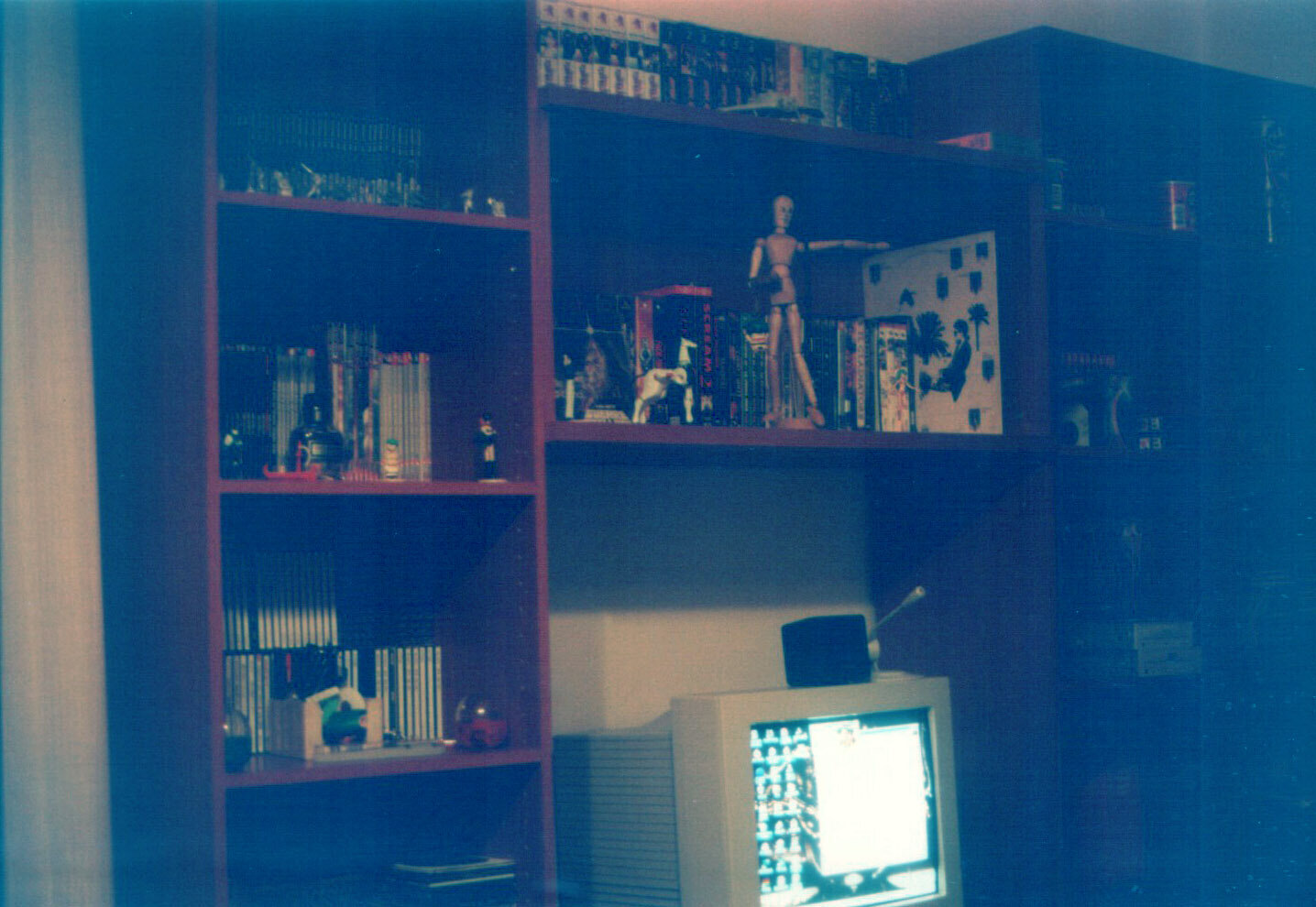 Parete attrezzata con un PC al centro, quelli beige di una volta, con monitor CRT. Sui vari ripiani, libri, fumetti, DVD,  videocassette e riproduzioni di personaggi dell'animazione giapponese.