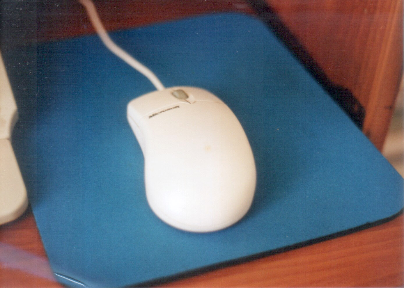 Vecchio mouse, di quelli con la pallina, poggiato su uno spesso tappetino blu.