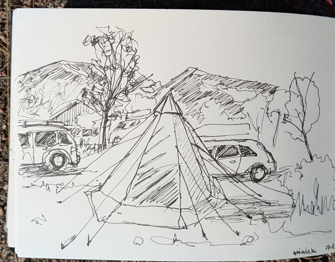 A drawing of a Campsite. In the foreground a yurt, partly covering a car. In the background Mountains