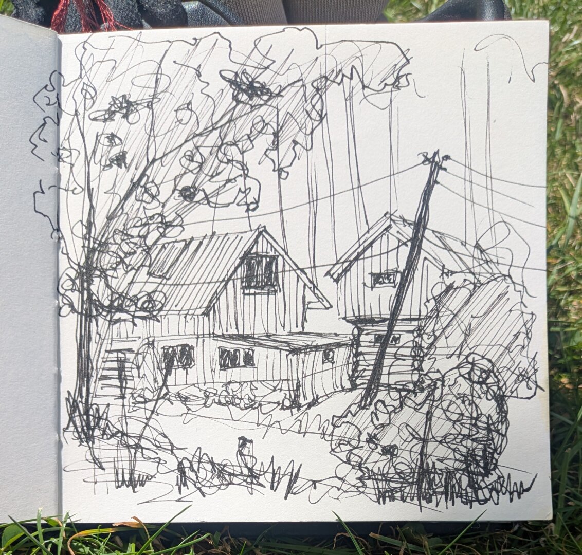 a drawing of a wooden norwegian Farmhouse.