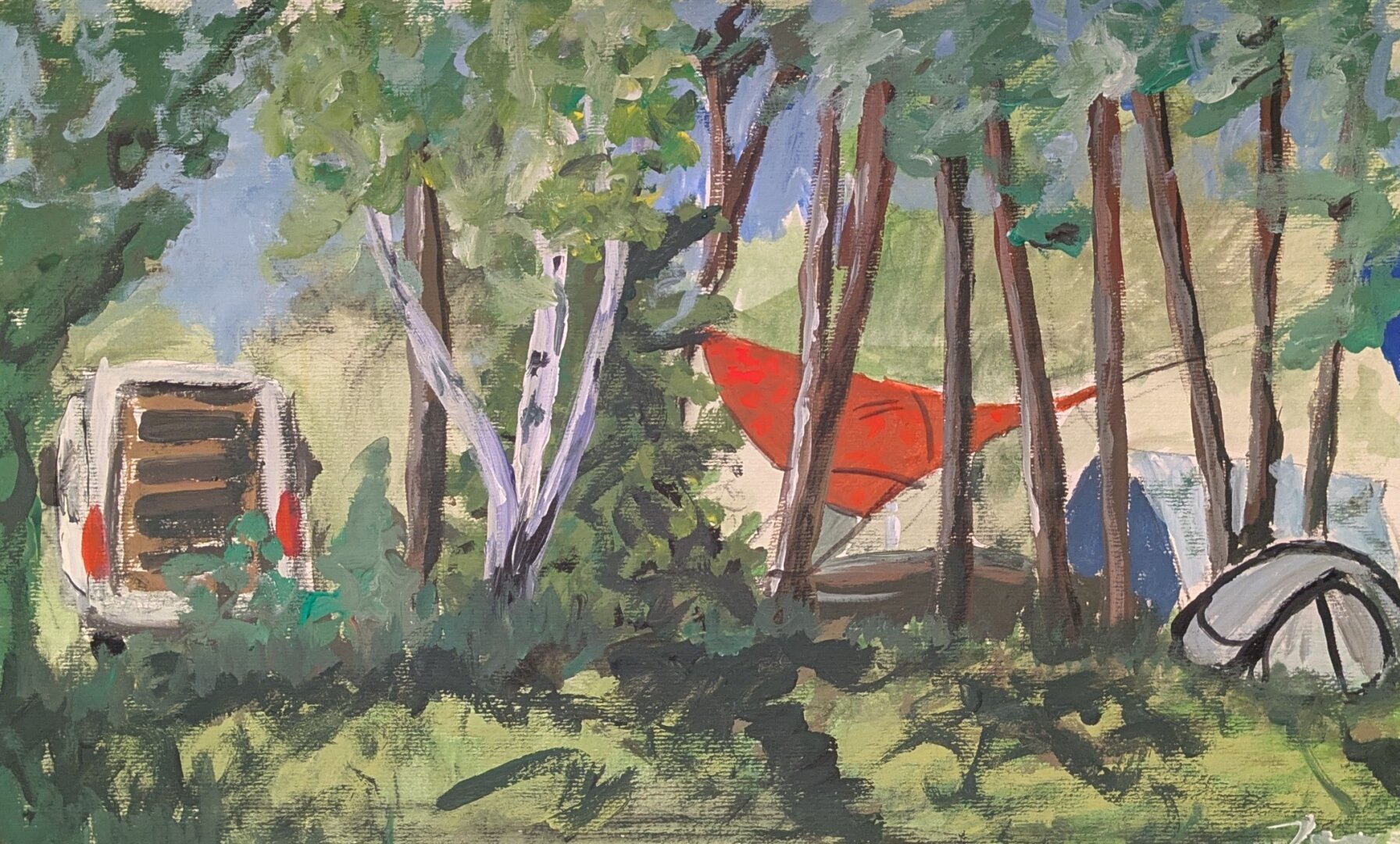 a Sketch in Gouache a campervan, a tarp and two tents among tree