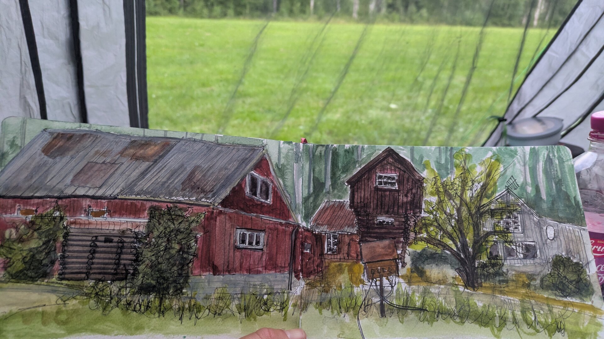 a drawing of a wooden norwegian Farmhouse, coloured with watercolour.