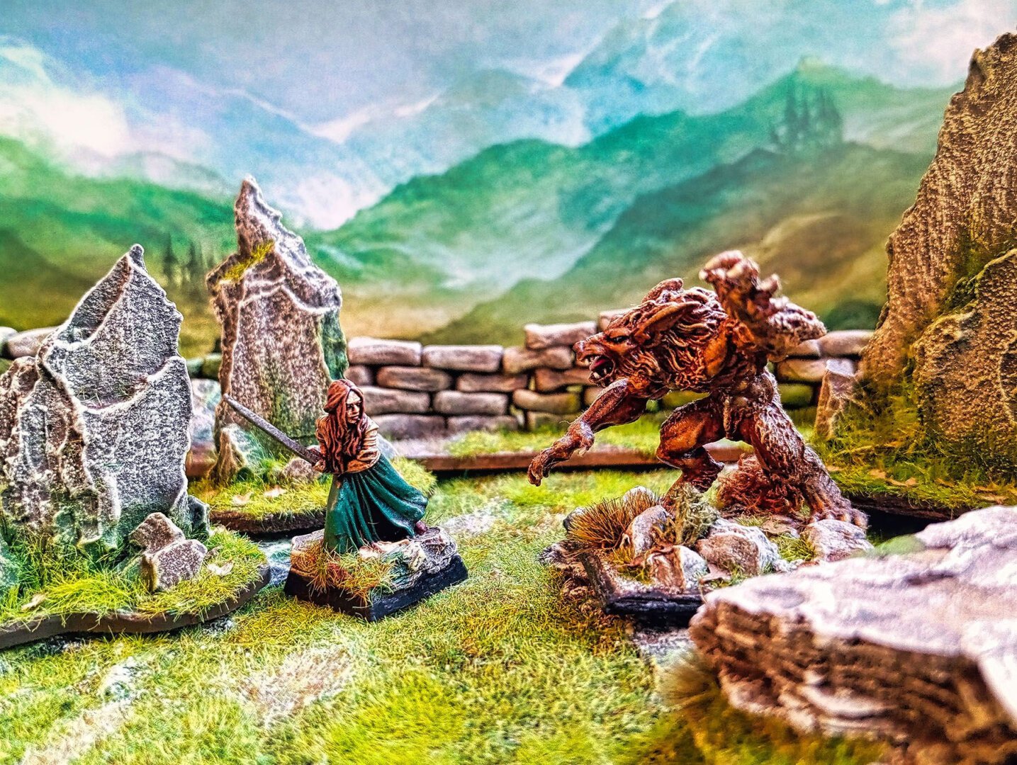 A brave farmer defends her property from a ferocious werewolf.
Reaper and Citadel fantasy miniatures.